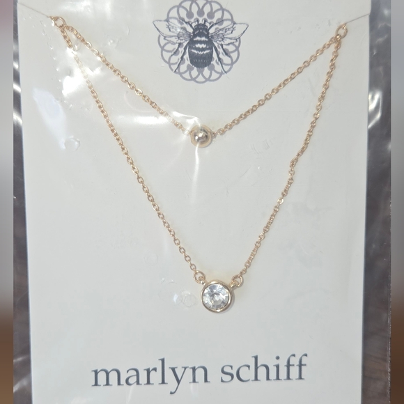 NWT Marlyn SchiffDouble Layered Gold Tone Necklace with Clear Crystal Gold Bead - Picture 3 of 10